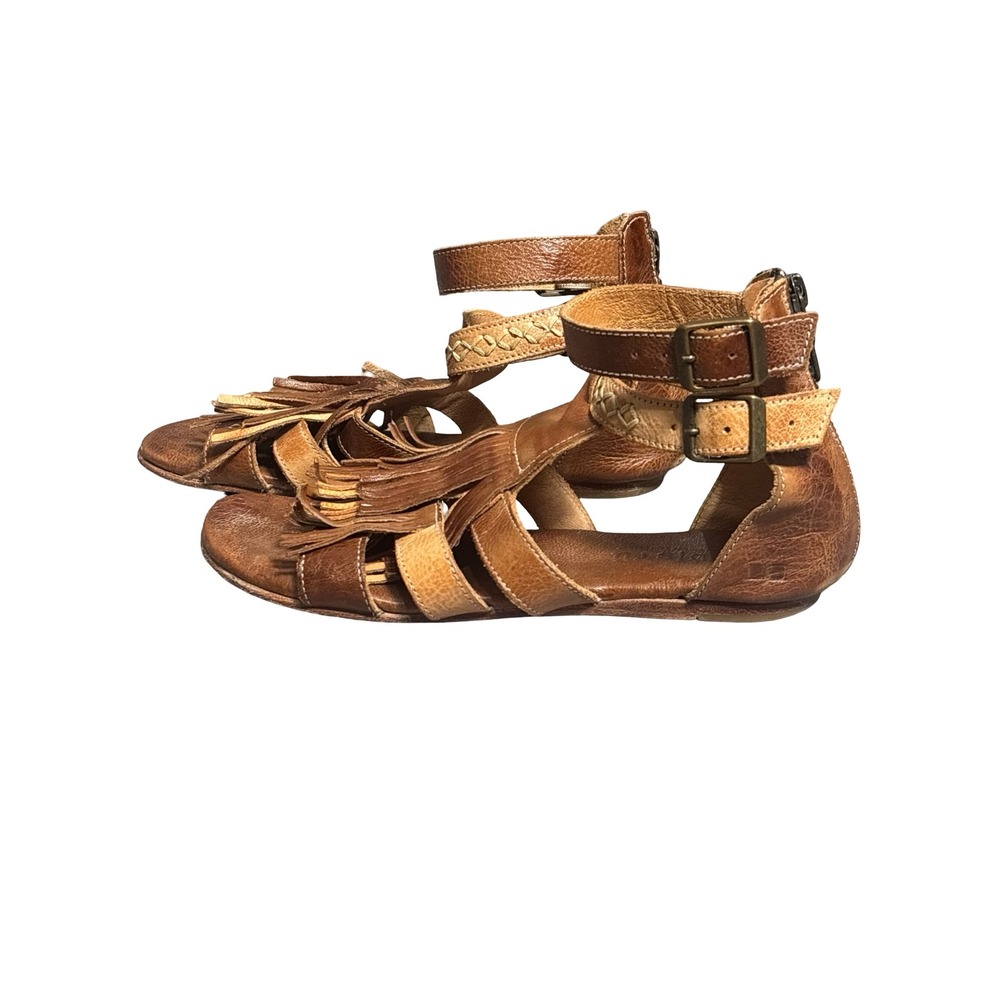 Bed Stu Leather Fringe Gladiator Sandals Size 8.5 Brown Boho Ankle Strap